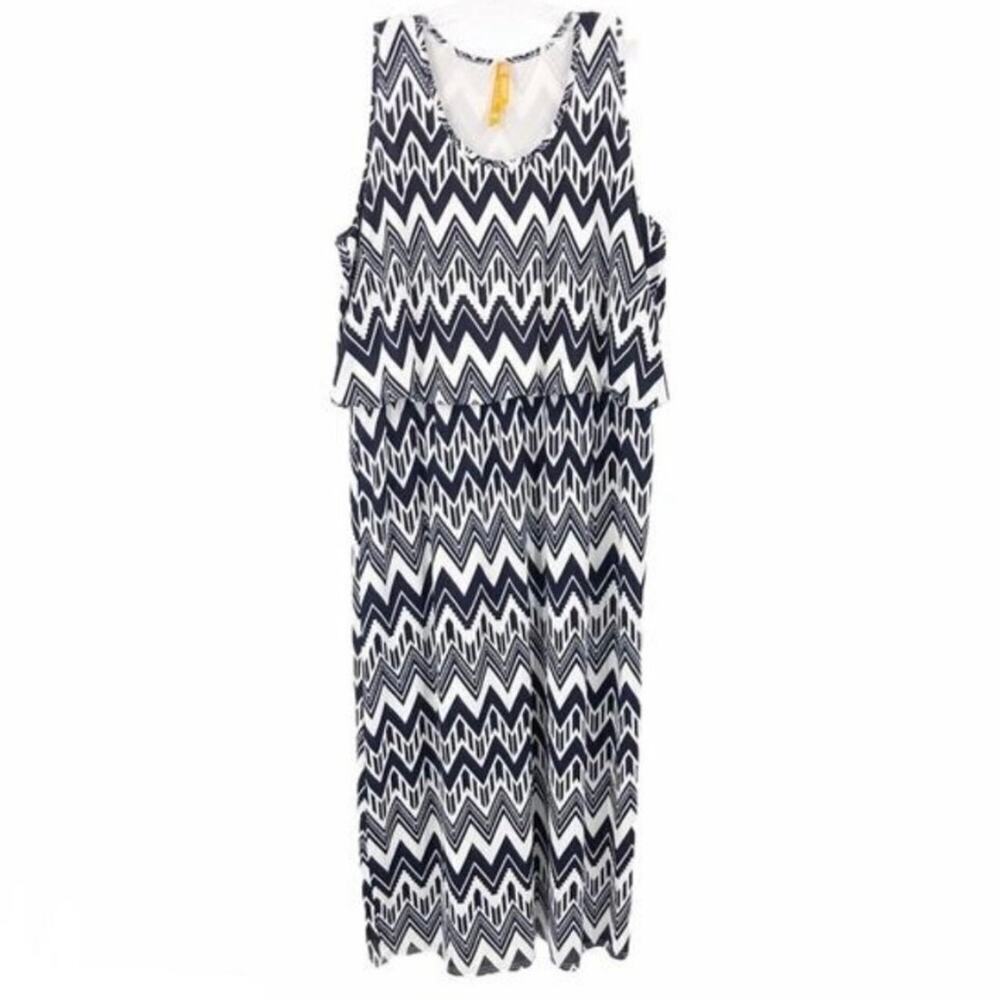 Magic Women's Maxi Dress 3X Chevron Stripe Navy Blue & White Sleeveless Blouson